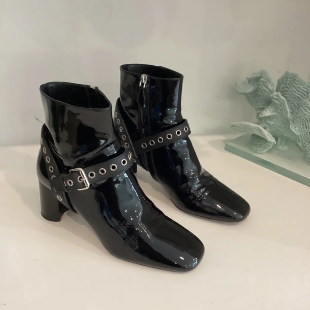 MIU MIU Eyelet Embellished Patent Leather Ankle Boots Black Size 37.5 7